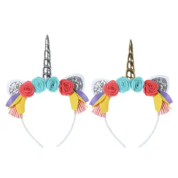 

2020 New Fashion Baby Kids 2pcs Unicorn Headdress Adorable Flower Hair Hoop Performance Sequins Hair Accessory Silver Golden