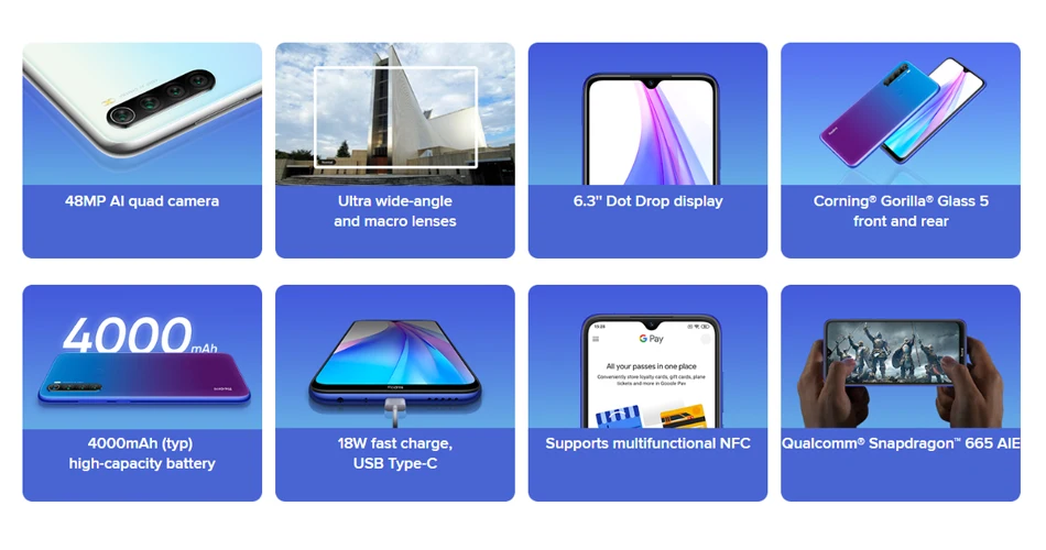Xiaomi Redmi Note 8T с глобальной версией, 4 ГБ, 64 ГБ, NFC, восьмиядерный смартфон Snapdragon 665, 6,3 дюйма, 48 МП, четыре тыловая камера, 18 Вт