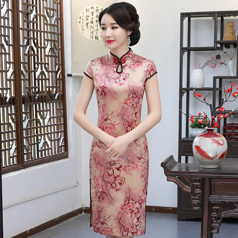 

Daily Life Cheongsam Mid-length 2019 New Style Summer Plum Mom Cheongsam Improved Water Droplet Collar Slim Fit Large Size Cheon