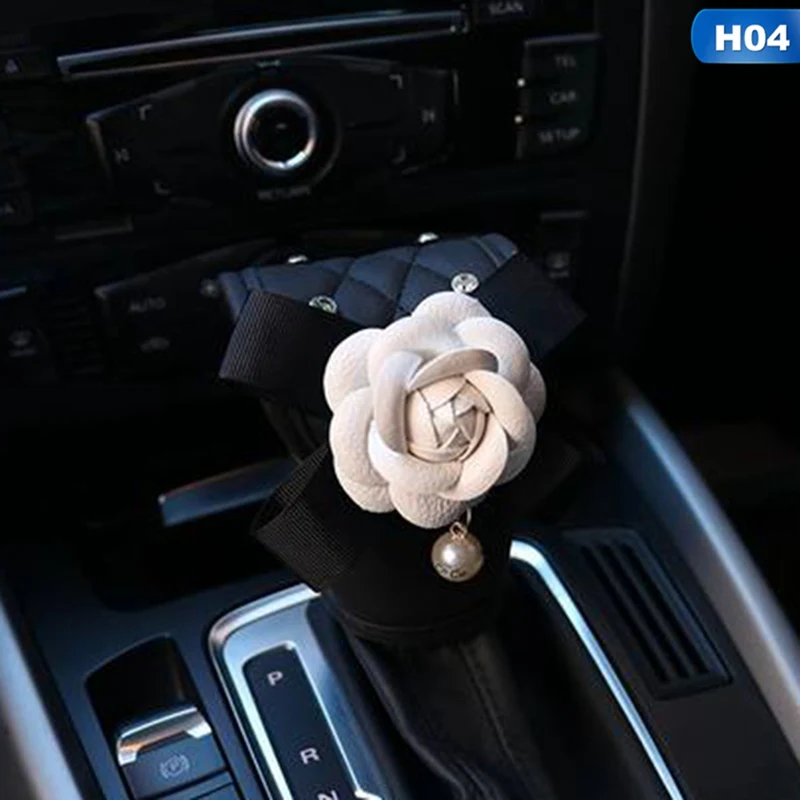 Хрустальные стразы цветок камелии аксессуары для салона автомобиля женские кожаные чехлы на руль ручное тормозное устройство чехол на ремень безопасности - Название цвета: 4