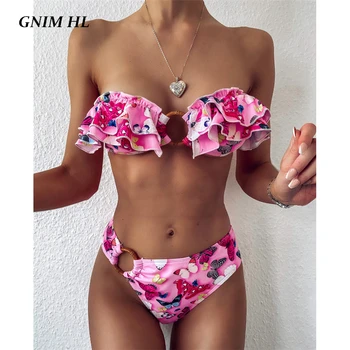 

GNIM High Waist Bandeau Bikini Swimwear Women 2020 Summer Ruffle Swimsuit Women Two Pieces Backless Print Bathing Suit Biquini