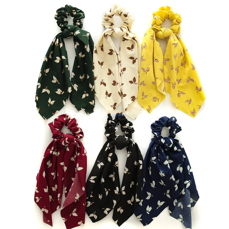 

2019 New Leaves Print Elastic Hair Scarf For Women Sweet Girls Hair Tie Scruniches Ponytail Holder Hair Bands Hair Accessories