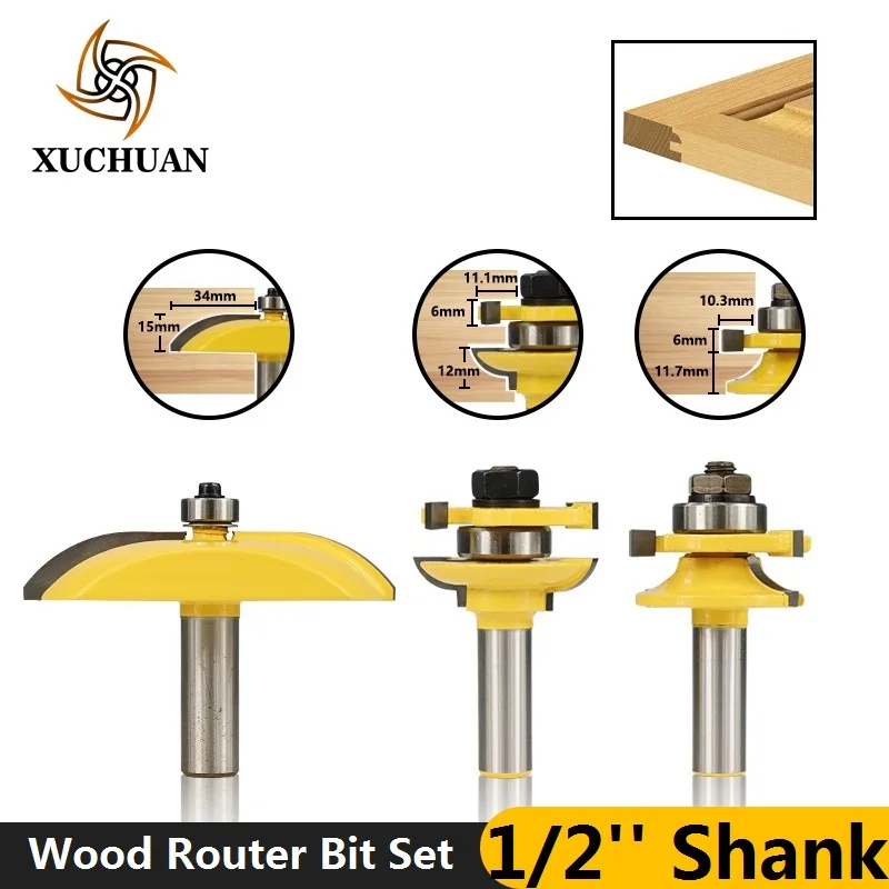 

3pcs 1/2'' Shank Cabinet Door Drawer Router Bit Set Panel Raiser Cutter Glue Joint Wood Milling Cutter Tenon Cutter