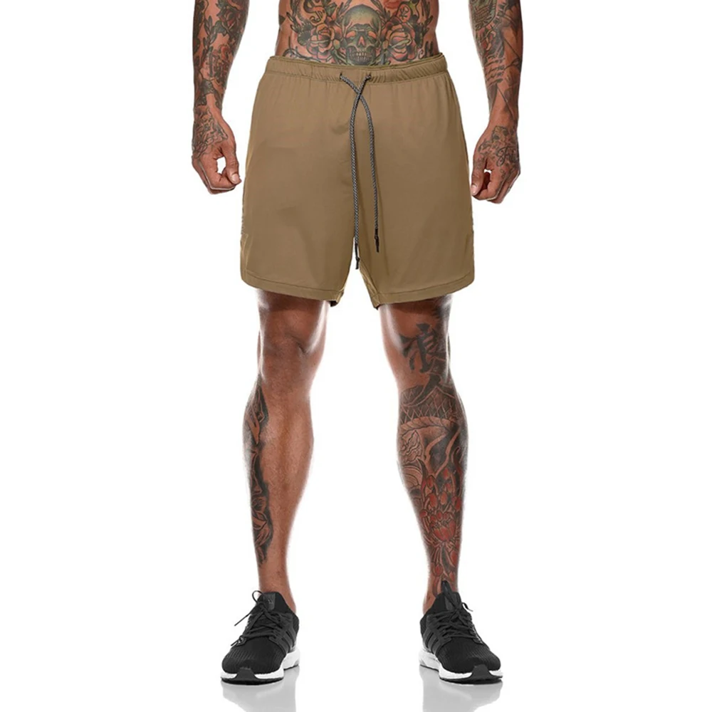 Khaki Новые мужские 2 в 1 фитнес-шорты для бега для спортзала двухслойные быстросохнущие короткие мужские брюки летние спортивные легинсы для тренировок - Цвет: Khaki