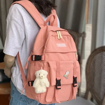 

Badge Girl Buckle Backpack Kawaii Fashion Book Ladies School Bag Women Nylon Cute Backpack Student Female College Bag New Trendy