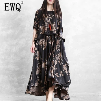 

[EWQ] 2020 Spring Summer New Arrivals O-neck Full Sleeve Print Pattern Women Fashion Casual Loose Was Thin Pockets Dress AY50501