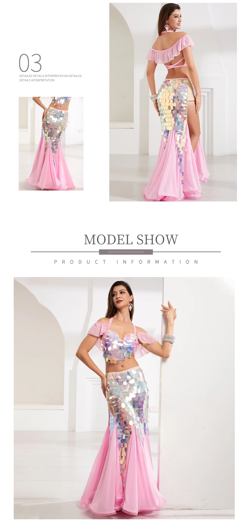 Neue Bauchtanz-Performance-Kostüme für Damen, Senior-Pailletten-BH + sexy Fischschwanzrock, 2-teiliges orientalisches Tanz-Wettbewerbsset – Detail 5