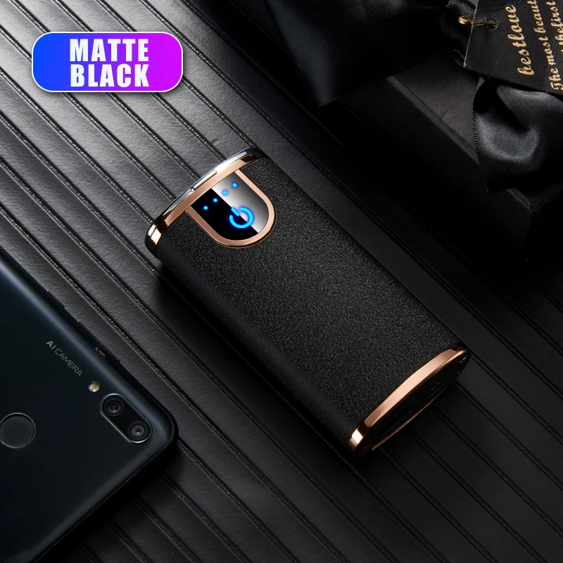 Lighter Rechargeable Windproof Cigarette Dual USB Electric Lighter Flameless Electronic Gadgets LED Spotlight Portable Charger - Цвет: Matte black