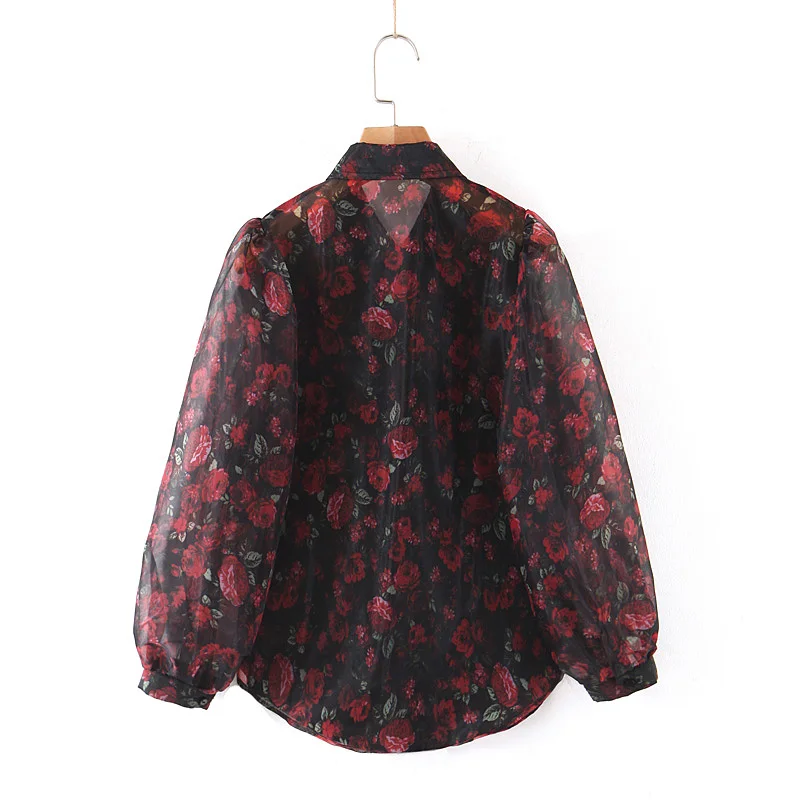  Transparent Women Floral Blouse Shirt Autumn 2019 New Fashion See Through Sleeve Bow Collar Tops Mo