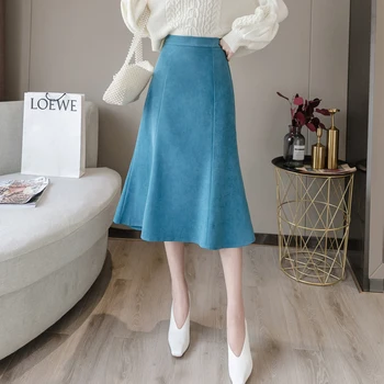 

Spring Autumn Midi-Length Skirts Womens Elegant Office Ladies A-line Long Skirts Casual Elastic Waist Side Zipper Faldas Mujer