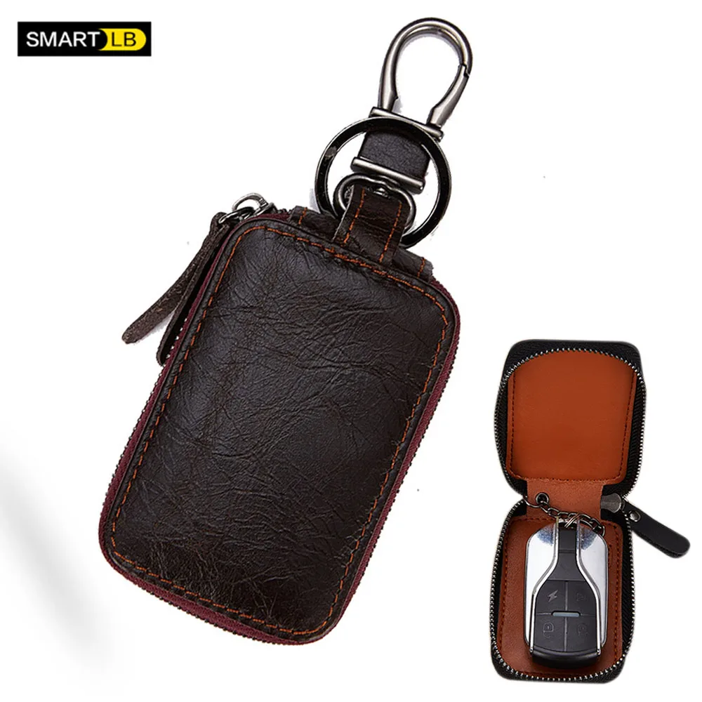 

Genuine Leather Car Smart Key Chain Keychain Holde Car Key case Metal Hook and Keyring Zipper Bag