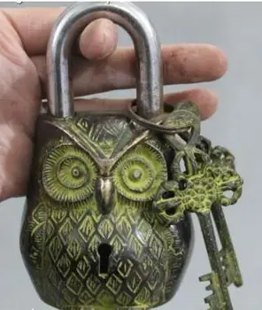 

YM 12cm Rare Chinese Ancient Bronze Owl Bird Birds Door Lock Latch Key Set Statue
