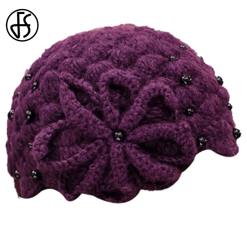 Женская Вязаная Шапка бини FS Белая теплая шапка фиолетового цвета с цветами и