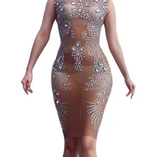Женское сексуальное платье на день рождения с серебряными камнями, Сетчатое Прозрачное платье, стразы, просвечивающее стрейчевое платье, платье певицы, праздничное платье