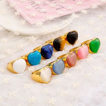 

Stainless Steel Multicolor Heart-shaped Ring Atmospheric Wide Version of Retro Titanium Steel Opal Turquoise Ring