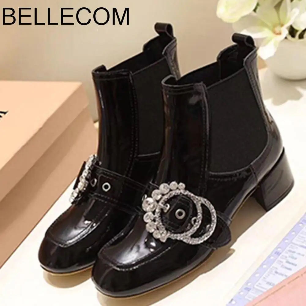 

ELLECOM winter ankle Boots for women Autumn New Kind of Female True Leather Coarse heel Chelsea Boots Water Drill British Wind