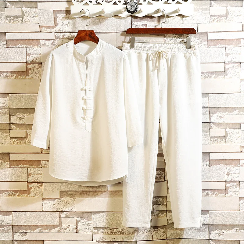 

2019 Autumn Chinese-style New Style Men Leisure Set Men's Solid Color Retro Frog Three-quarter-length Sleeve Trousers Two-Piece