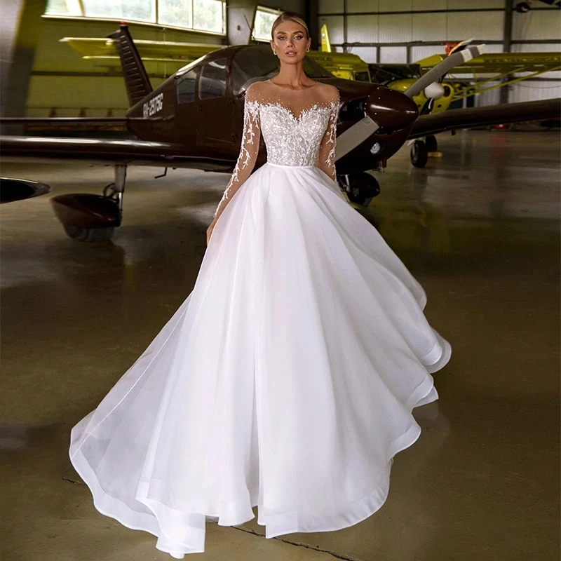 LORIE A-Linie Bohemian-Hochzeitskleid, bezaubernde Spitzenapplikationen, Perlen, O-Ausschnitt, Organzeda-Tüll, langärmlig, Strand-Brautkleid, Custimz – Detail 2