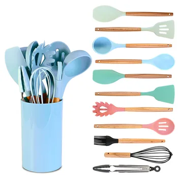 

10/12PCS Silicone Cooking Utensils Set Non-stick Spatula Shovel Wooden Handle Cooking Tools Set With Storage Box Kitchen Tools