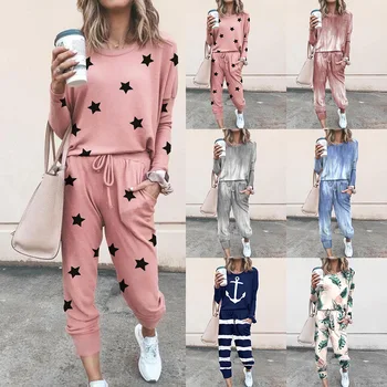 

2020 New Spring Autumn Fashion Tracksuit Women Jogging Clothes Printed Flowers Two Piece Set Top And Long Pants Set Casual Suits
