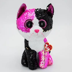 Ty grandes olhos cor mudando lantejoulas série rosa e preto lantejoulas gato malibu bonito menina gato presente de aniversário das crianças brinquedos de pelúcia
