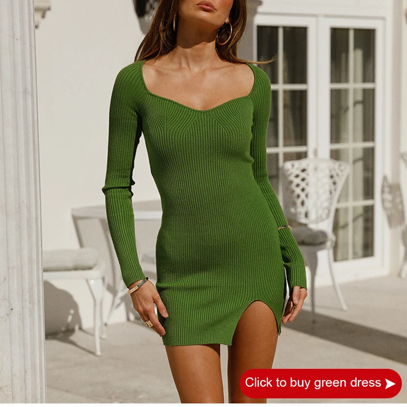 Elegant White Sweater Dress Women V-Neck Long Sleeve Knitted Bodycon Dress Sexy Slit Mini Dress Autumn Spring 2022 birthday dress