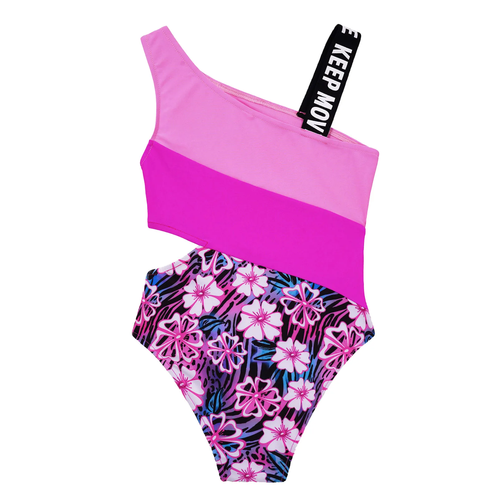 TiaoBug Summer Kids Girls Swimming Jumpsuit Asymmetrical Shoulder Straps Color Contrast Patchwork Hollow Out Waist Bodysuit