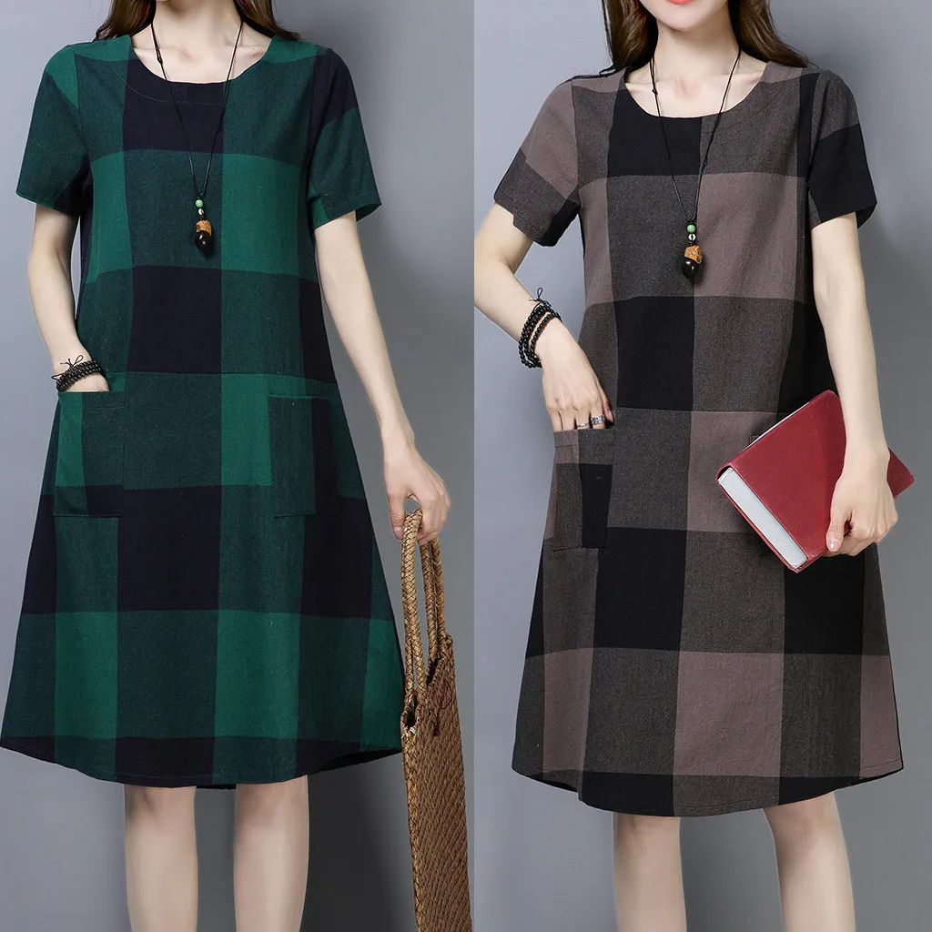 Повседневное домашнее клетчатое платье летнее элегантное женское винтажное с