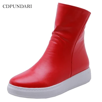 Ladies Autumn Winter Platform Boots Women Ankle Boots Casual Flat Short Boots Casual Shoes Black White Red Botas Invierno Mujer tanie i dobre opinie CDPUNDARI CN(Origin) Solid Adult Flat with Basic Plush Round Toe Short Plush Rubber Flat (≤1cm) 0-3cm Fits true to size take your normal size