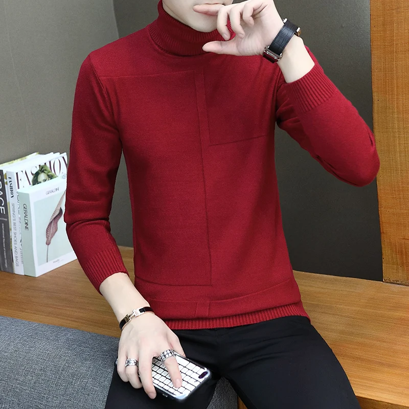 Wine red-MY868 nuevo invierno catido suéter hombres moda cuello alto hombres elatistico fuerza Slim Fit casual pulóver suéter - Цвет: Wine red-MY868