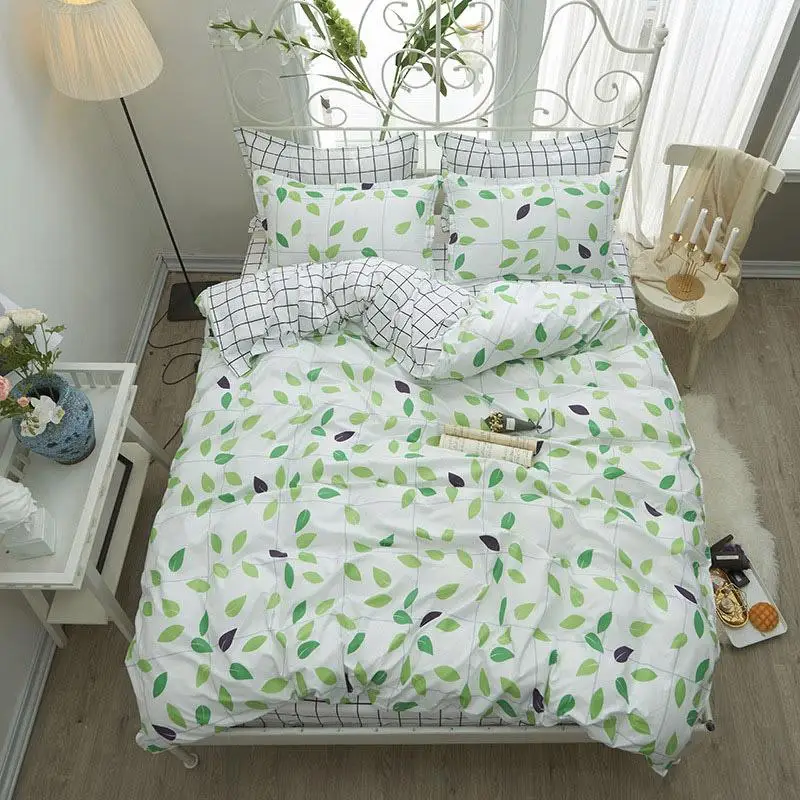 Green Leaves Plaid Printed Girl Boy Kid Bed Cover Set Duvet Cover Adult