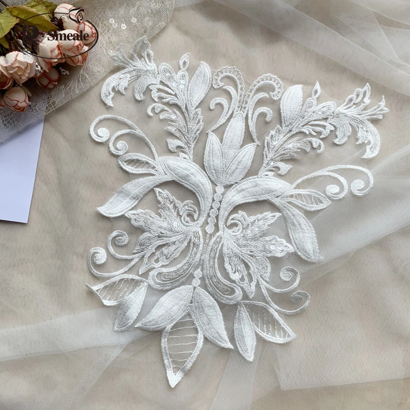 New Ivory White High Quality Cotton Sequin Applique European Pattern Embroidery Wedding Dress with Flower Accessories RS2905 | Дом и сад