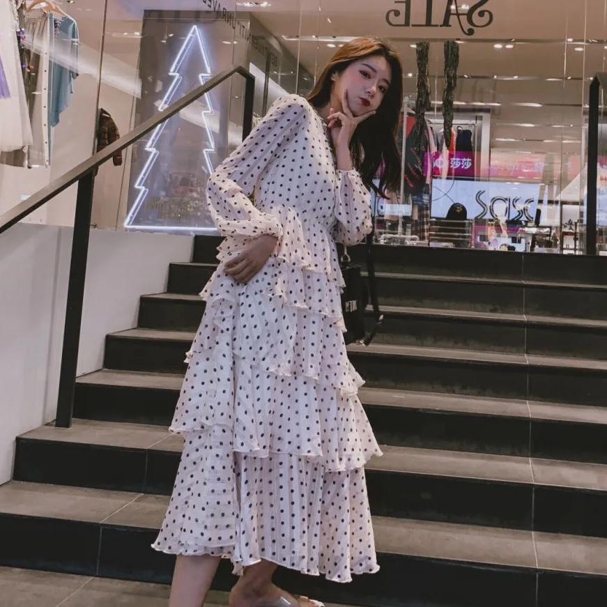 

Photo Shoot Spring And Summer CHIC Elegant Ladies' White Polka Dot Mid-length V-neck High-waisted Flounced Cake Dress Women's
