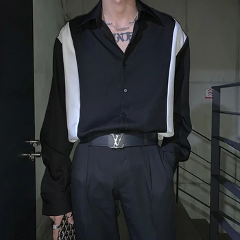 

Male Japan Korea Streetwear Retro Fashion Loose Dress Shirts Men Splice Colour Long Sleeve Casual Long Sleeve Shirt