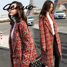 Genuo, модное осенне-зимнее пальто, новинка, Женское шерстяное пальто с отворотом, длинное клетчатое пальто, красный твидовый пиджак, женская элегантная верхняя одежда