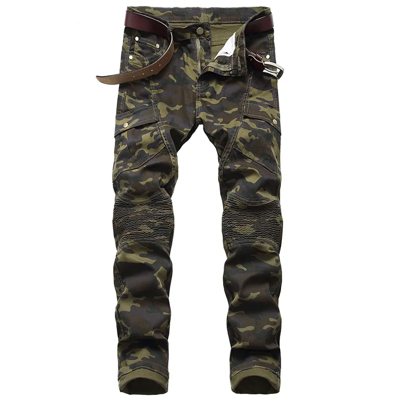Mcikkny Fashion Men's Cargo Motorcycle Denim Trousers Military Style Biker Jeans Pants Multi Pockets  (4)