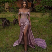 

2021 Evening Dress Formal Applique Off Shoulder Satin High Split Prom Dress Floor-Length Cocktail Party Gown