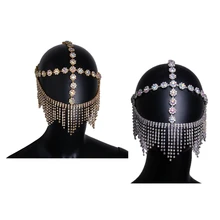 Diadema de lujo para baile del vientre para mujer, borla larga con diamante de imitación, velo de cristal, mascarilla facial, accesorios de cadena, 652F