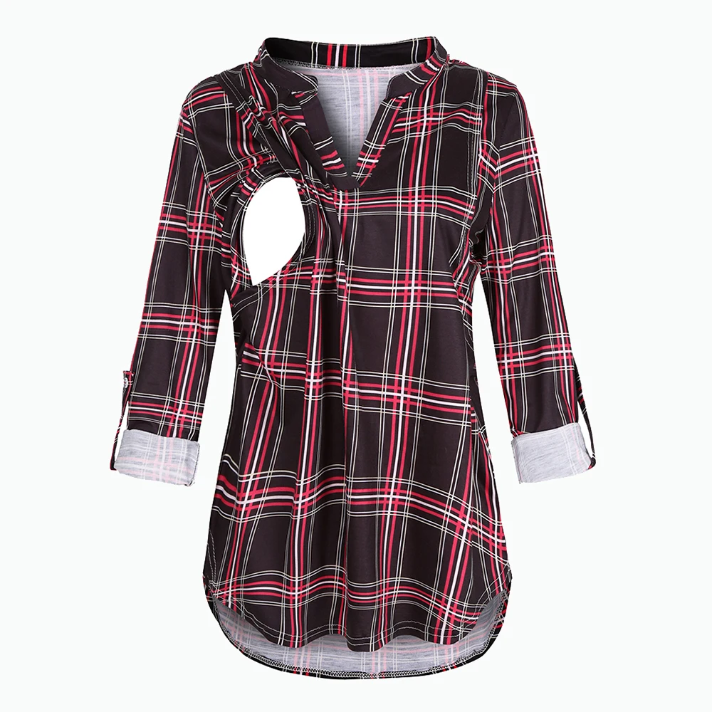 

Women's Maternity Blouse V Neck Long Sleeve Nursing Blouse Pregnancy Tops for Breast Feeding Pregnant Plaid Cloth Women Tops D30