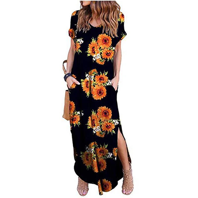 

Woman Flower Print Dress 2020 Summer Dress Female Short Sleeve Loose Beach Dresses With Pocket Robes Vestido De Mujer Robe Femme