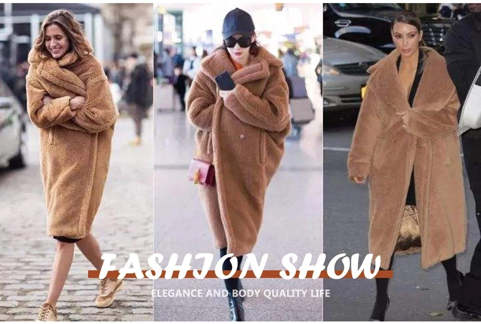 Зима пальто с мехом новая высокая мода женская плюшевый мишка икона парка X-Long негабаритное пальто толстая теплая верхняя одежда свободная одежда