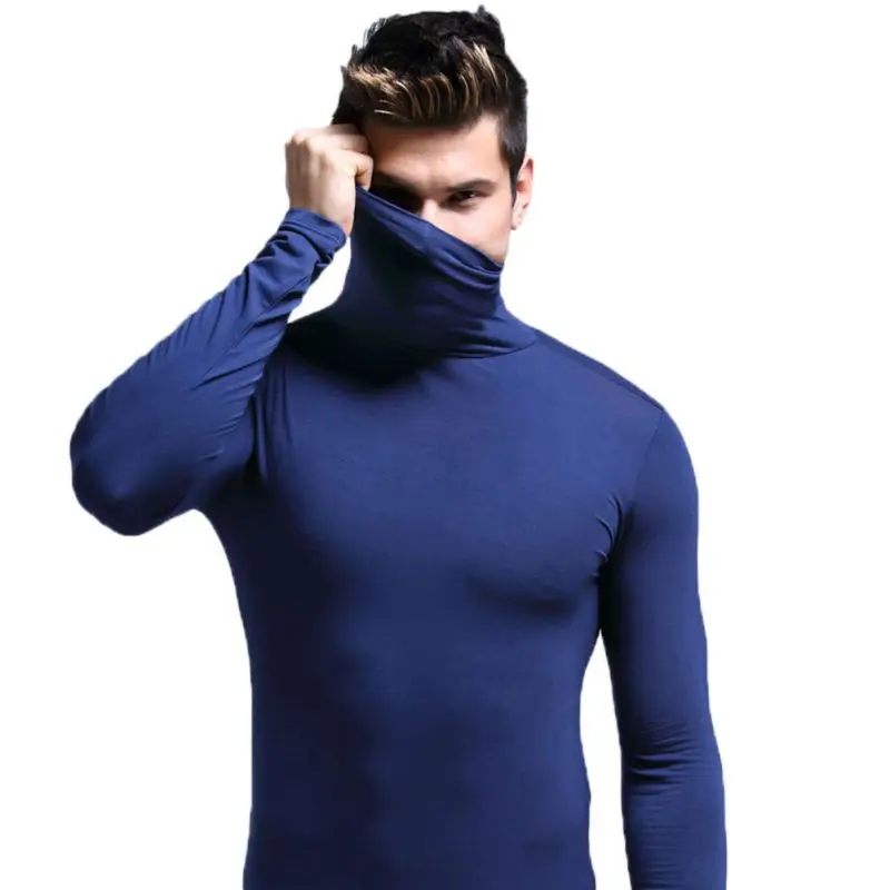 Облегающая футболка осень-зима, мужское термобелье из модальной ткани, топы с длинным рукавом и воротником, эластичная бесшовная теплая одежда - Цвет: Синий