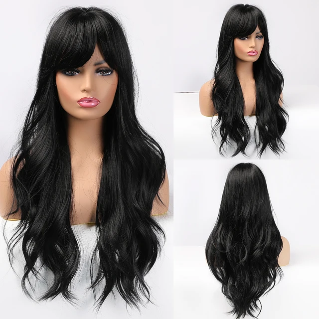 EASIHAIR Long Dark Brown Women's Wigs with Bangs Water Wave Heat Resistant Synthetic Wigs for Black Women African American Hair LC344-1