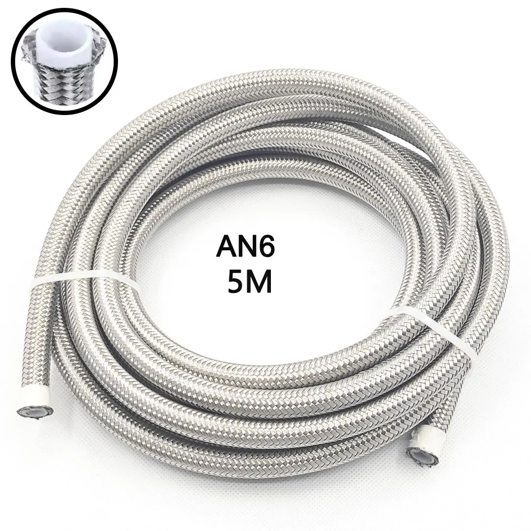 

16FT 5Meters AN6 -6AN Fuel Hose Oil Gas Line PTFE Stainless Steel Double Braided Cooler Line Pipe Tube Silver