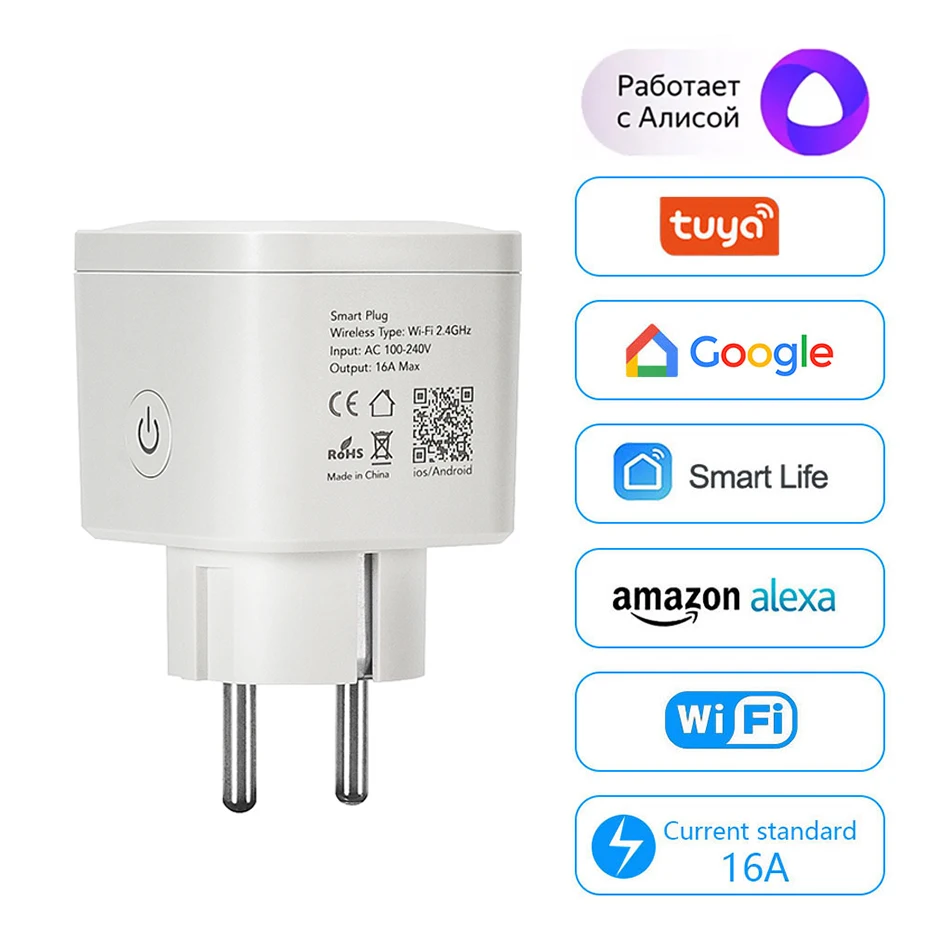16A EU Smart Wifi Power Plug with Power Monitor Smart Home Wireless Wifi Socket Works with Alexa Google Home Tuya/Smartlife App