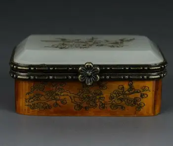 

Old Chinese Bone Making Inlay Nephrite Jade Jewelry Box/Magpie&Plum flower