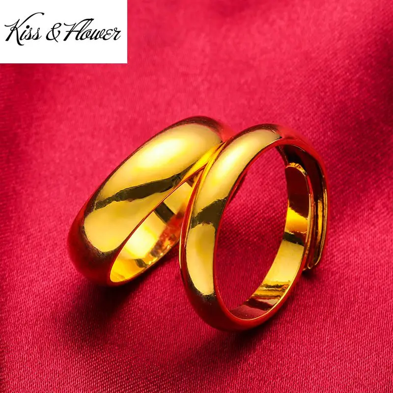 

KISS&FLOWER RI71 Fine Jewelry Wholesale Fashion Lovers Couple Birthday Wedding Gift Vintage Glossy 4/6mm24KT Gold Resizable Ring