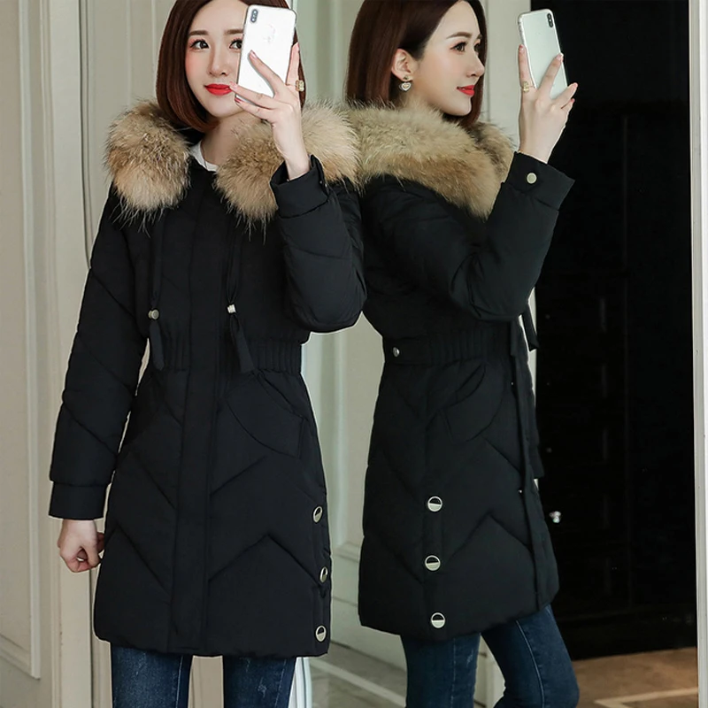Lucyever New Winter Jacket Women Plus Size Thicken Fur Collar Long Parkas Woman Wild Hooded Parka Warm Cotton Coat Female - Цвет: Черный