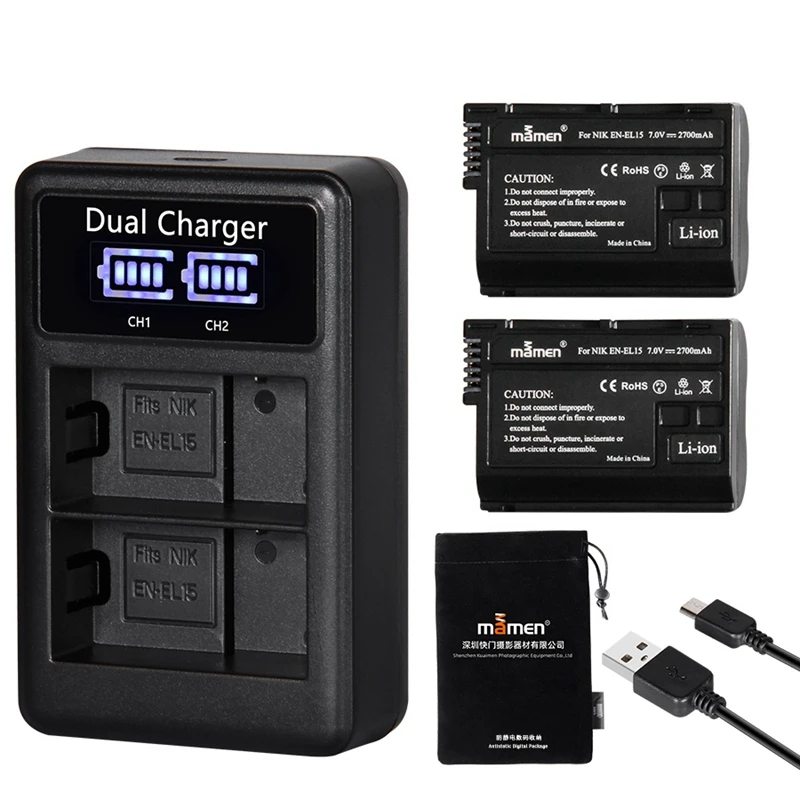 

Mamen 2Pcs EN-EL15 EN EL15 ENEL15 EL15A Digital Camera Battery + LCD USB Dual Charger for Nikon D810 D7000 D750 V1 D610 D600E D8