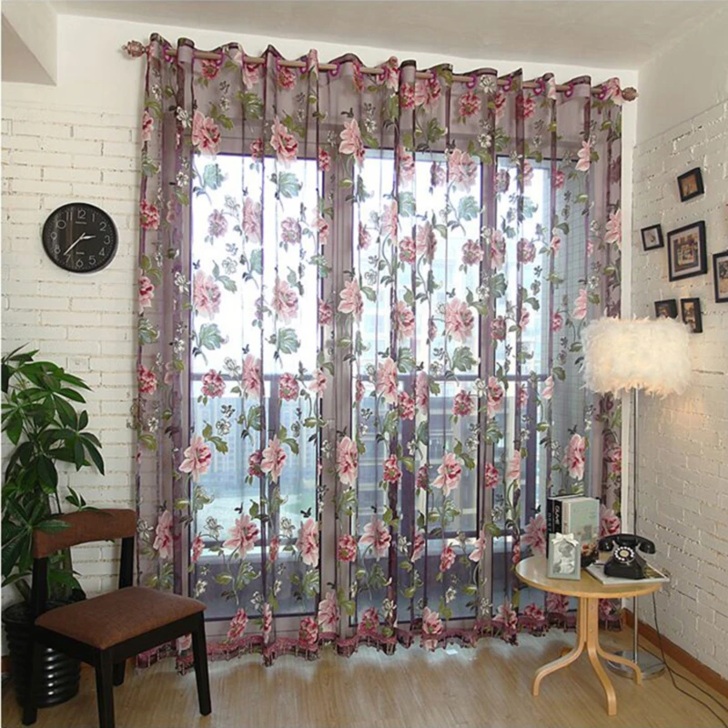Purple Peony Floral Tulle Sheer Curtains For Living Room Bedroom Kitchen Shade Window Treatment Curtain Blinds Panel window curtains decor curtains light filtering curtains